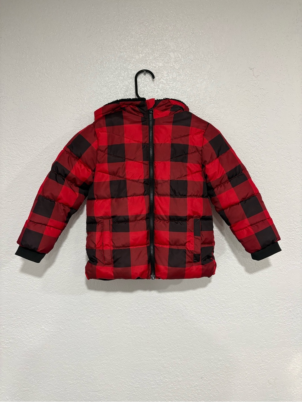 Swiss Tech Red and Black Buffalo Plaid Kids Puffer Jacket with Hood